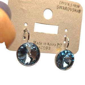 NWT SwarovskiElement AquaMarineRoundLeverback DropEarrings 13mm Platinum Plated